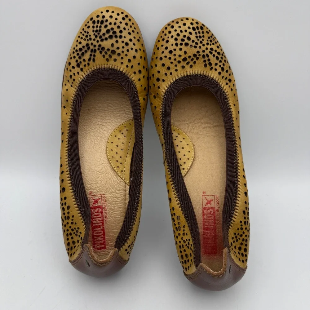 Pikolinos Wedge Pumps Womens 37 US 6.5-7 Yellow Leather Laser Cut Boho Slip On